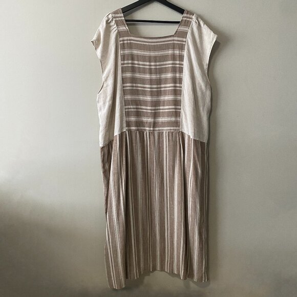 Handmade Plus Size Cotton Linen Patch Pockets Neutrals Brown Stripes Dress - Picture 2 of 15